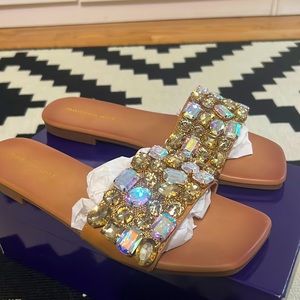 Madden tan square toe Crystal Jewel Tan Sandals Slides rhinestones